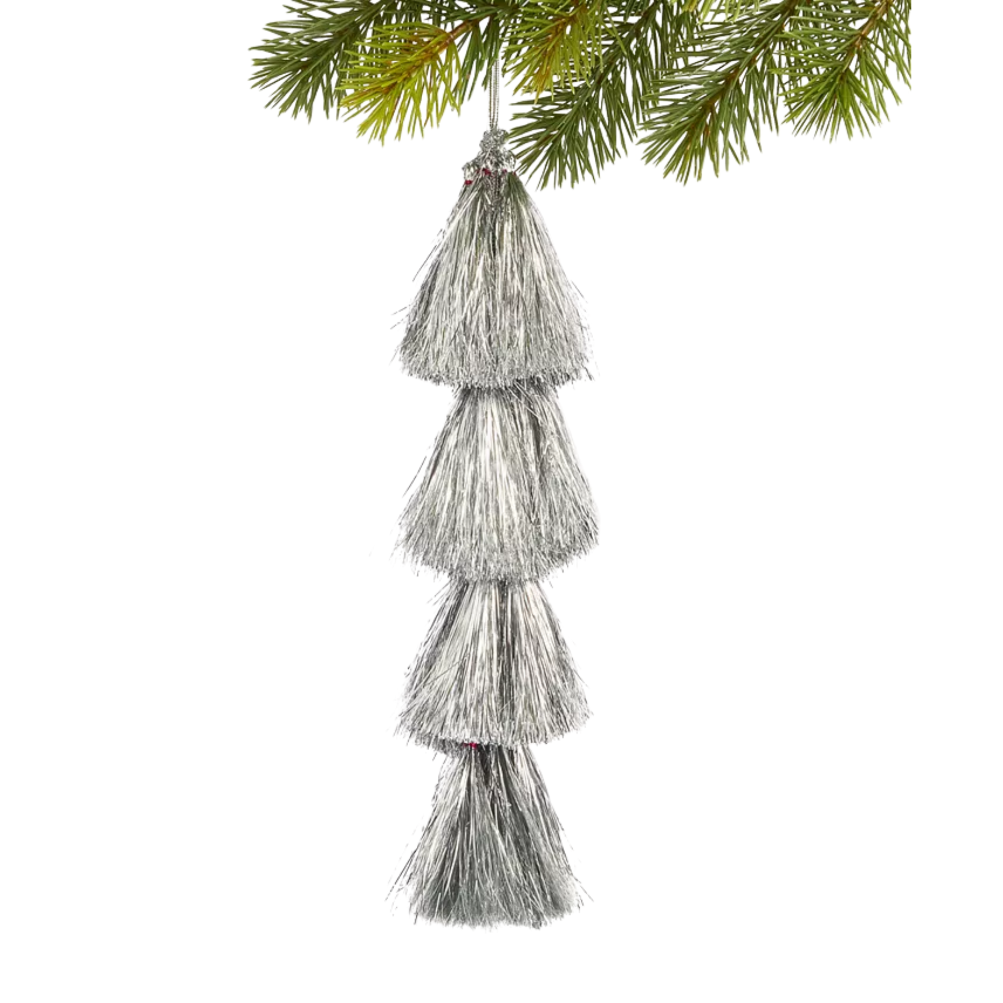 a silver tinsel tree ornament