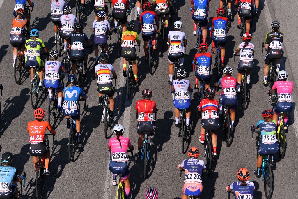 ASSISI ITALY SEPTEMBER 13 Peloton Detail view during the 31st Giro dItalia Internazionale Femminile 2020 Stage 3 a 1422km stage from Santa Fiora to Assisi 413m GiroRosaIccrea GiroRosa on September 13 2020 in Assisi Italy Photo by Luc ClaessenGetty Images