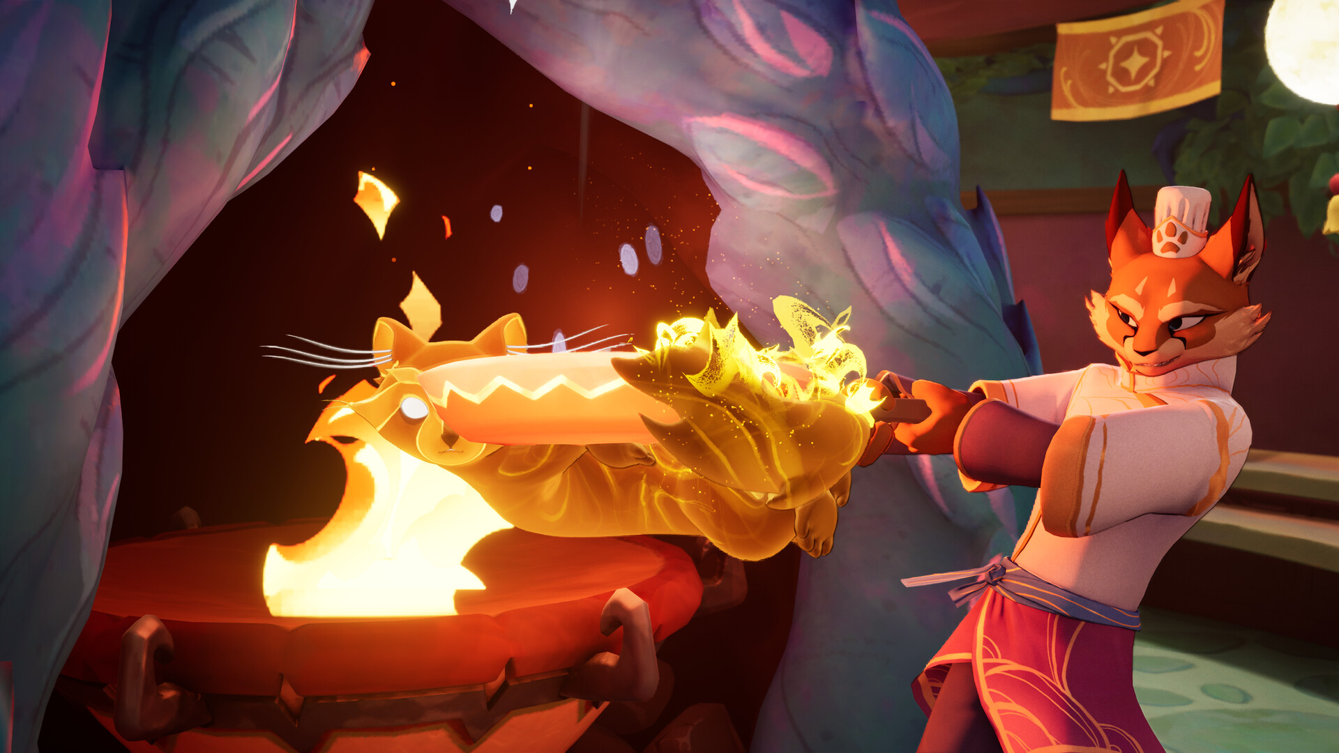 Beastro - An anthropomorphic fox holds a flaming dish into an open fire