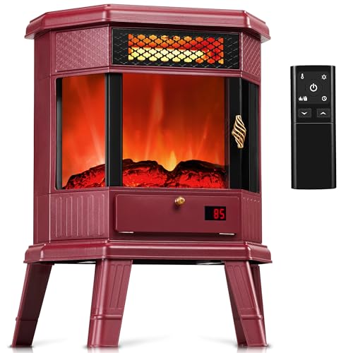 Electric Fireplace Heater 22 in Freestanding Fireplace Stove Infrared Fireplace Realsmart With 3d Flame Effect Remote Control, Timer, Overheating Protection Heater for Indoor Use Black (christmas Red)