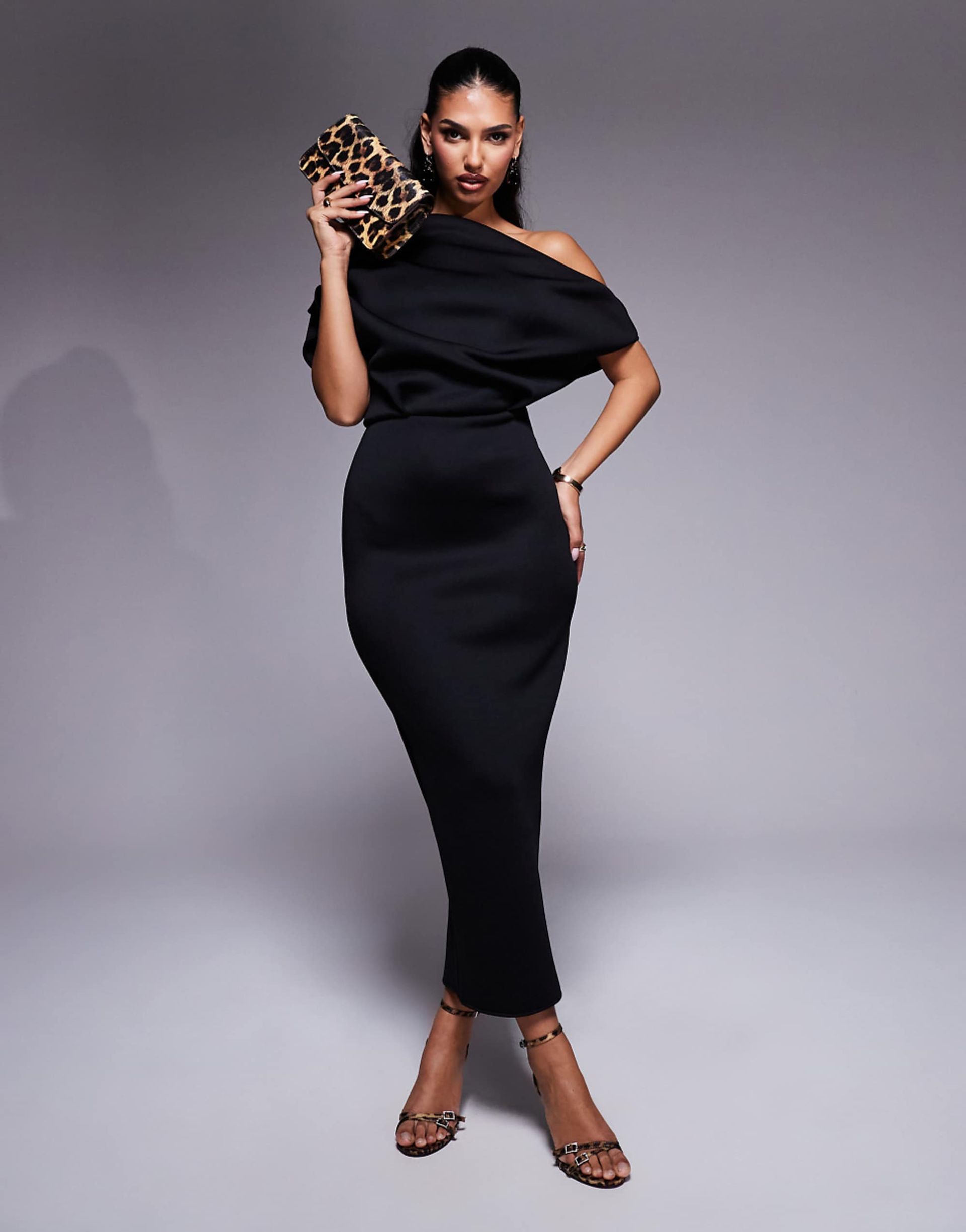 Asos Design Dramatic Neckline Midi Dress in Black in Scuba-Style Fabric