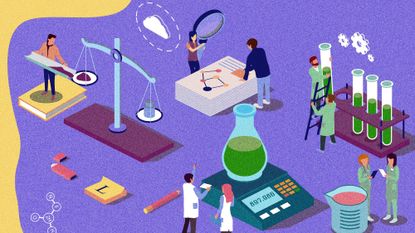 Illustration of nine people doing science experiments in lab