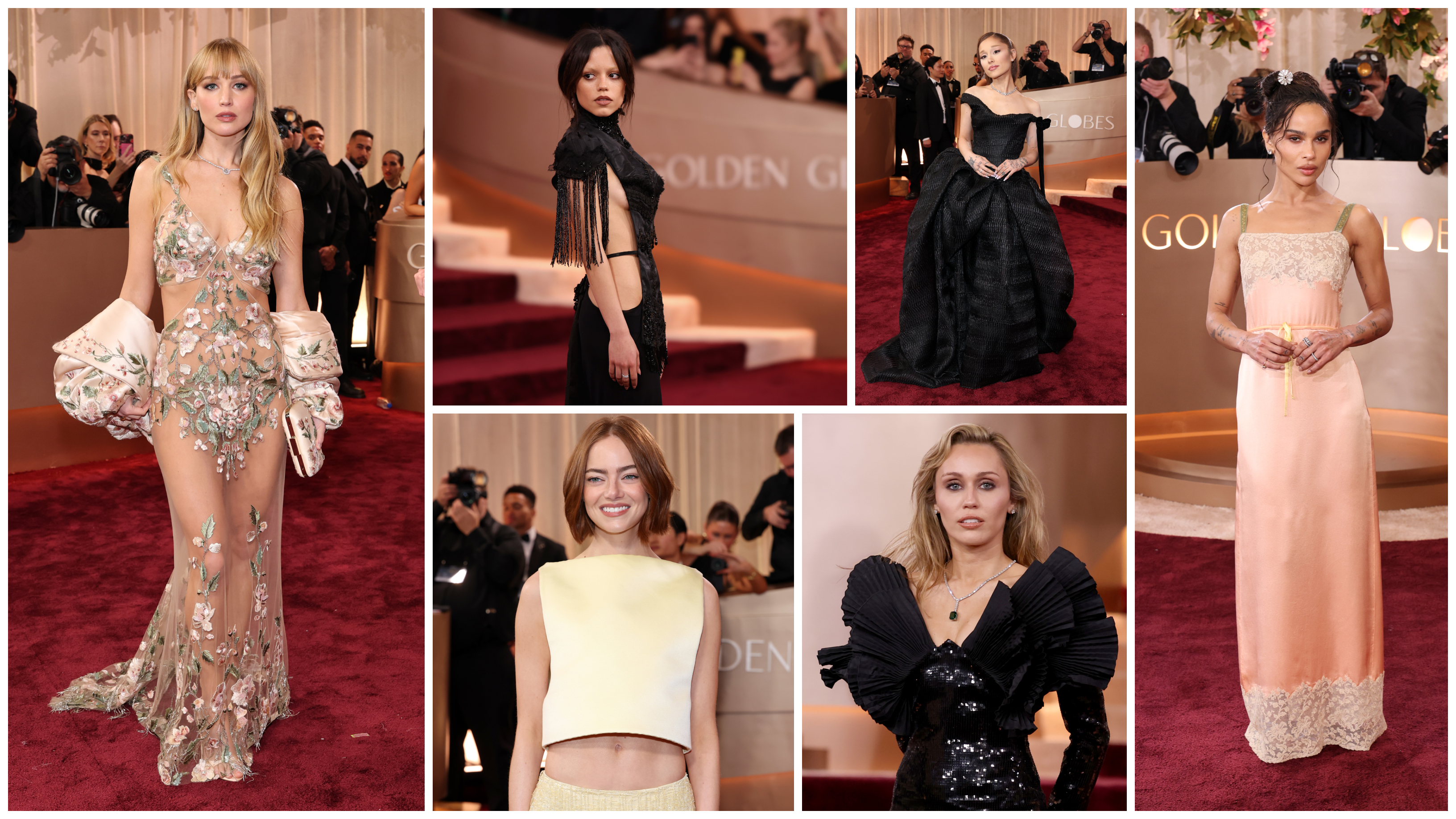 jennifer lawrence, jenna ortega, ariana grande, zoe kravitz, emma stone, and miley cyrus on the 2026 golden globes red carpet