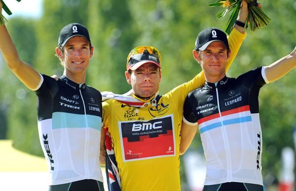 Cadel Evans (BMC) in a Schleck sandwich