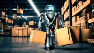 A robot shopping in a warehouse