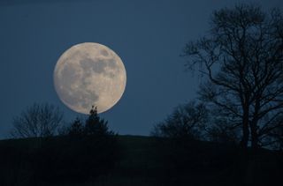 The full moon of January 11, 2017 rises over Glastonbury Tor in Somerset, England during a so-called Wolf Moon. At 2:08 a.m. EDT on April 11, the Full Pink Moon will light up the night sky. 