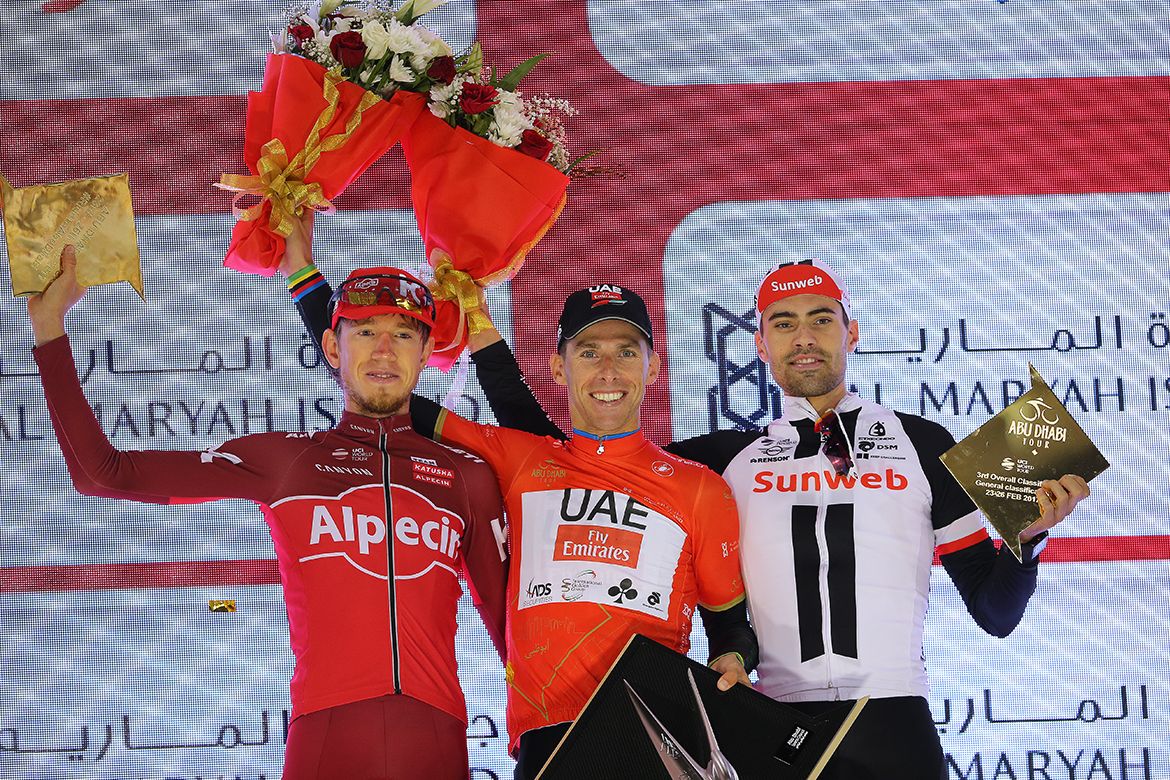 Winner Rui Costa, runner-up Ilnur Zakarin and third-placed Tom Dumoulin comprised the final Abu Dhabi Tour GC podium.