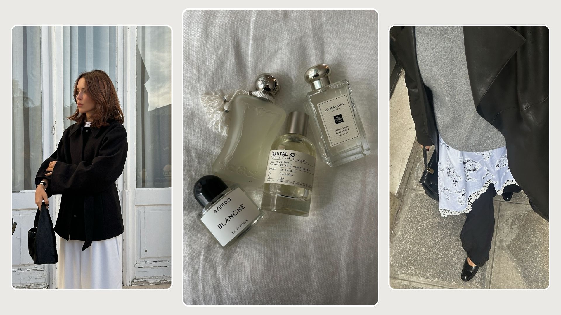 A collage featuring a woman wearing minimalist, black and white outfits and a selection of minimalist perfumes on a white linen background