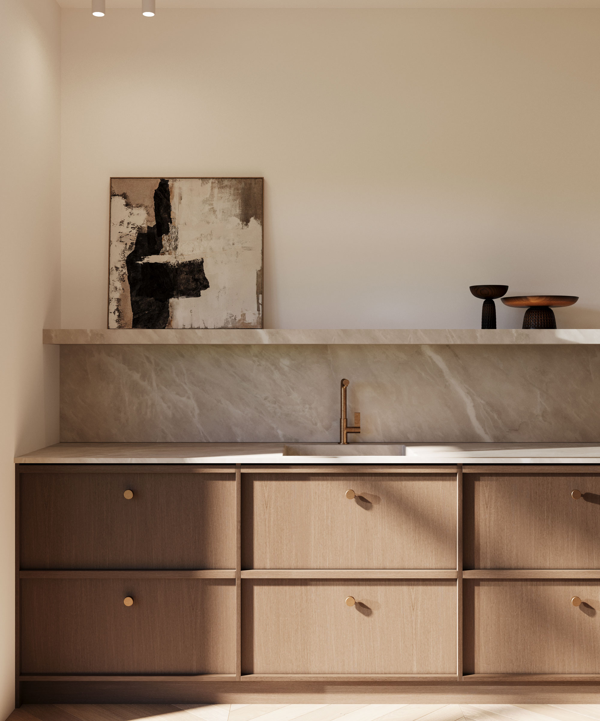 base wooden kitchen drawers with brass knobs and brass kitchen tap