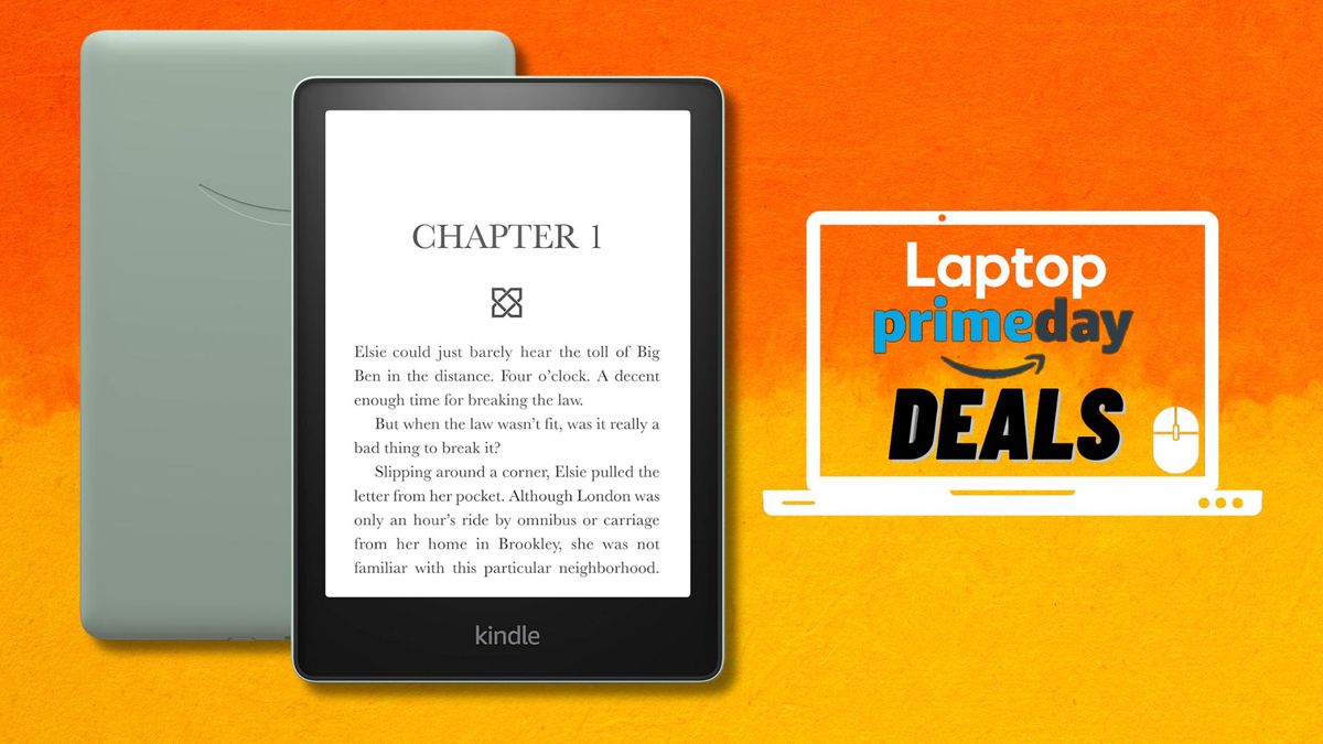 The Amazon Kindle Paperwhite in green with a Laptop Mag deals icon in front of an abstract orange background