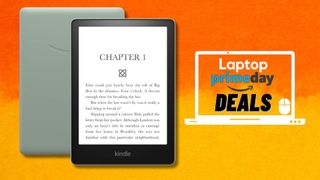 The Amazon Kindle Paperwhite in green with a Laptop Mag deals icon in front of an abstract orange background