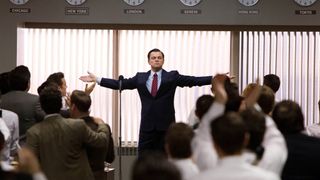 Jordan Belfort (Leonardo DiCaprio) delivers a speech to his staff in The Wolf of Wall Street.