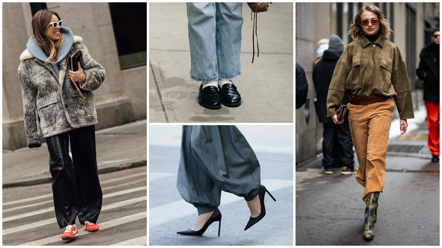 collage of new york fashion week attendees wearing spring shoe trends with white border