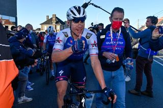 Netherlands Fabio Jakobsen of QuickStep Alpha Vinyl C celebrates after victory in the KuurneBrusselsKuurne one day cycling race 1951 km from Kuurne to Kuurne via Brussels on February 27 2022 Belgium OUT Photo by ERIC LALMAND Belga AFP Belgium OUT Photo by ERIC LALMANDBelgaAFP via Getty Images