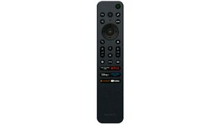 Sony Bravia Eco Remote on a white background, its a rounded rectangle design with green and blue spots with a cluster of buttons and a Sony logo at the bottom