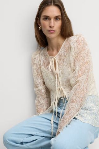 M&S Lace Round Neck Tie Front Blouse