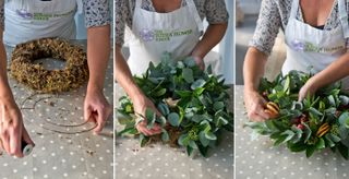making a Christmas wreath with foliage