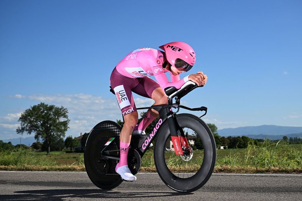 PERUGIA ITALY MAY 10 Tadej Pogacar of Slovenia and UAE Team Emirates Pink Leader Jersey sprints during the 107th Giro dItalia 2024 Stage 7 a 406km individual time trial stage from Foligno to Perugia 472m UCIWT on May 10 2024 in Perugia Italy Photo by Tim de WaeleGetty Images