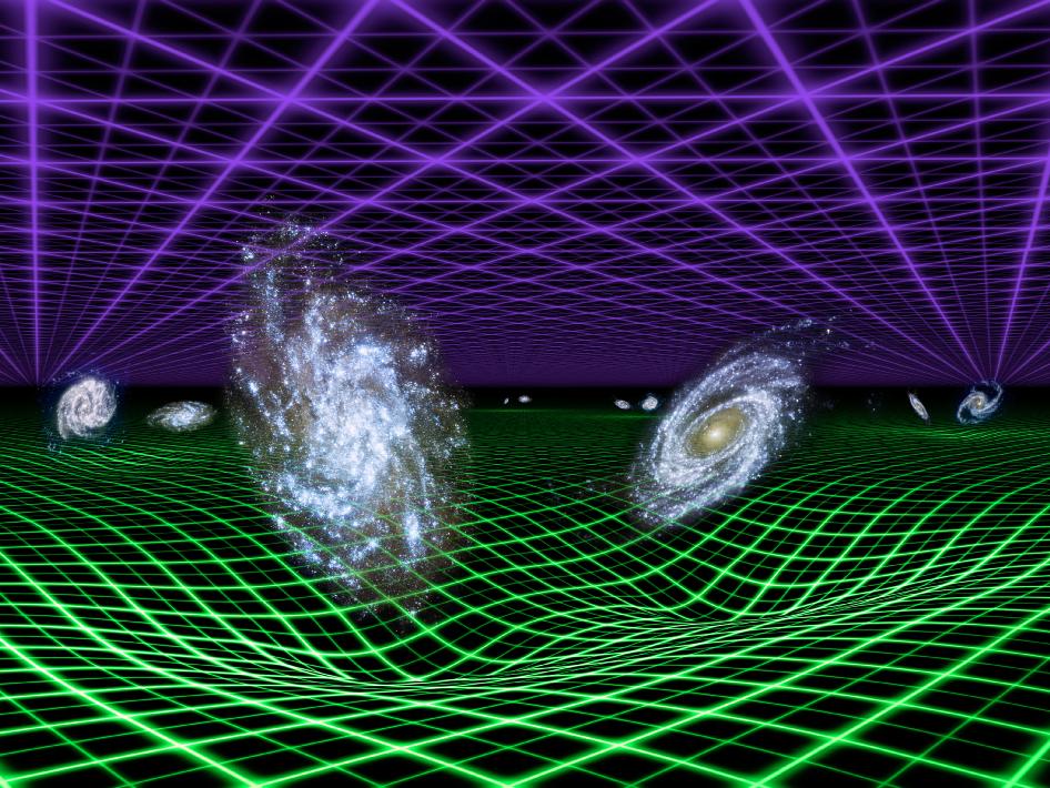 Astronomers think that the expansion of the universe is regulated by both the force of gravity, and a mysterious dark energy. In this artist's conception, dark energy is represented by the purple grid above, and gravity by the green grid below.