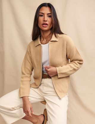 Beige Collared Zip Up Cardigan