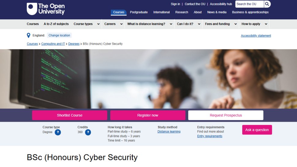 Website screenshot of Open University (August, 2025)