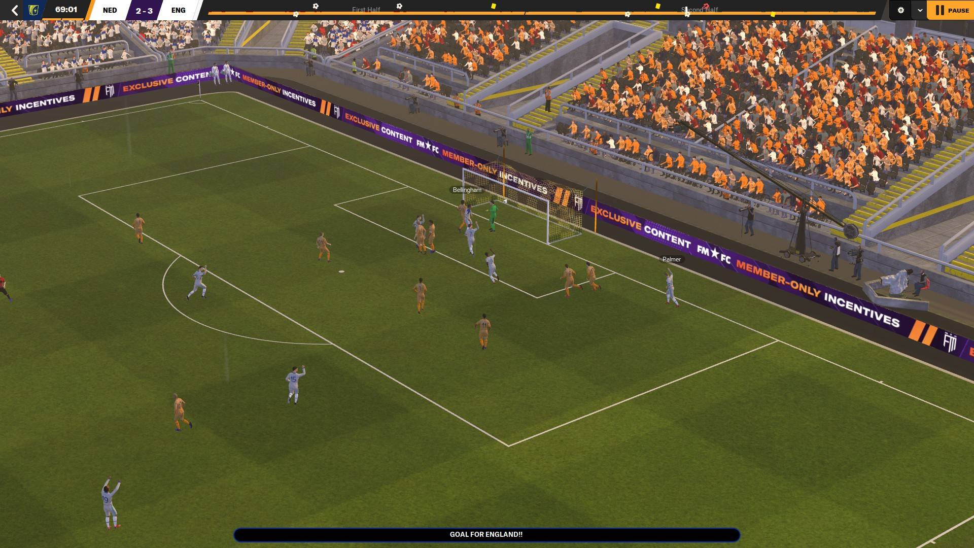 An image of Jude Bellingham and England in a game against The Netherlands simulated in Football Manager 2024