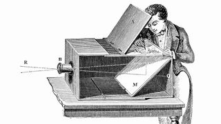 Antique woodcut, showing a schematic view of a camera obscura, consisting of a rectangular wooden box, formed of two parts which slide in and out to focus the image on the screen N. Illustration from a book in Physics from 1883.R: luminous rays; B: lens; M: glass mirror; N: ground-glass plate; O: image; A: wooden door.