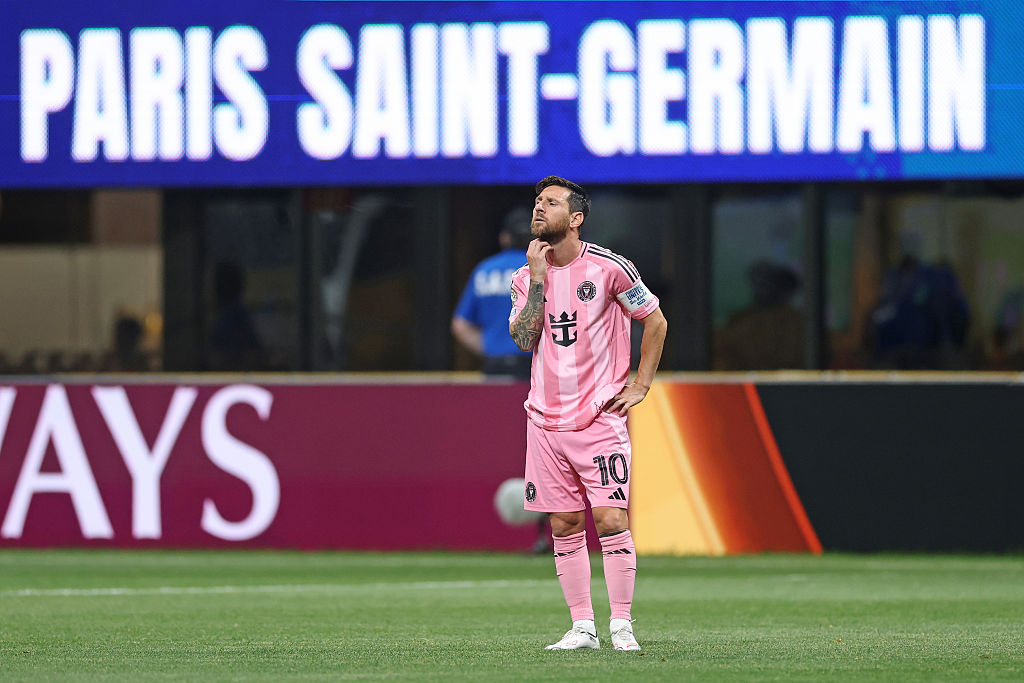 Lionel Messi #10 of Inter Miami CF reacts during the FIFA Club World Cup 2025 round of 16 match between Paris Saint-Germain and Inter Miami CF at Mercedes-Benz Stadium on June 29, 2025 in Atlanta, Georgia.