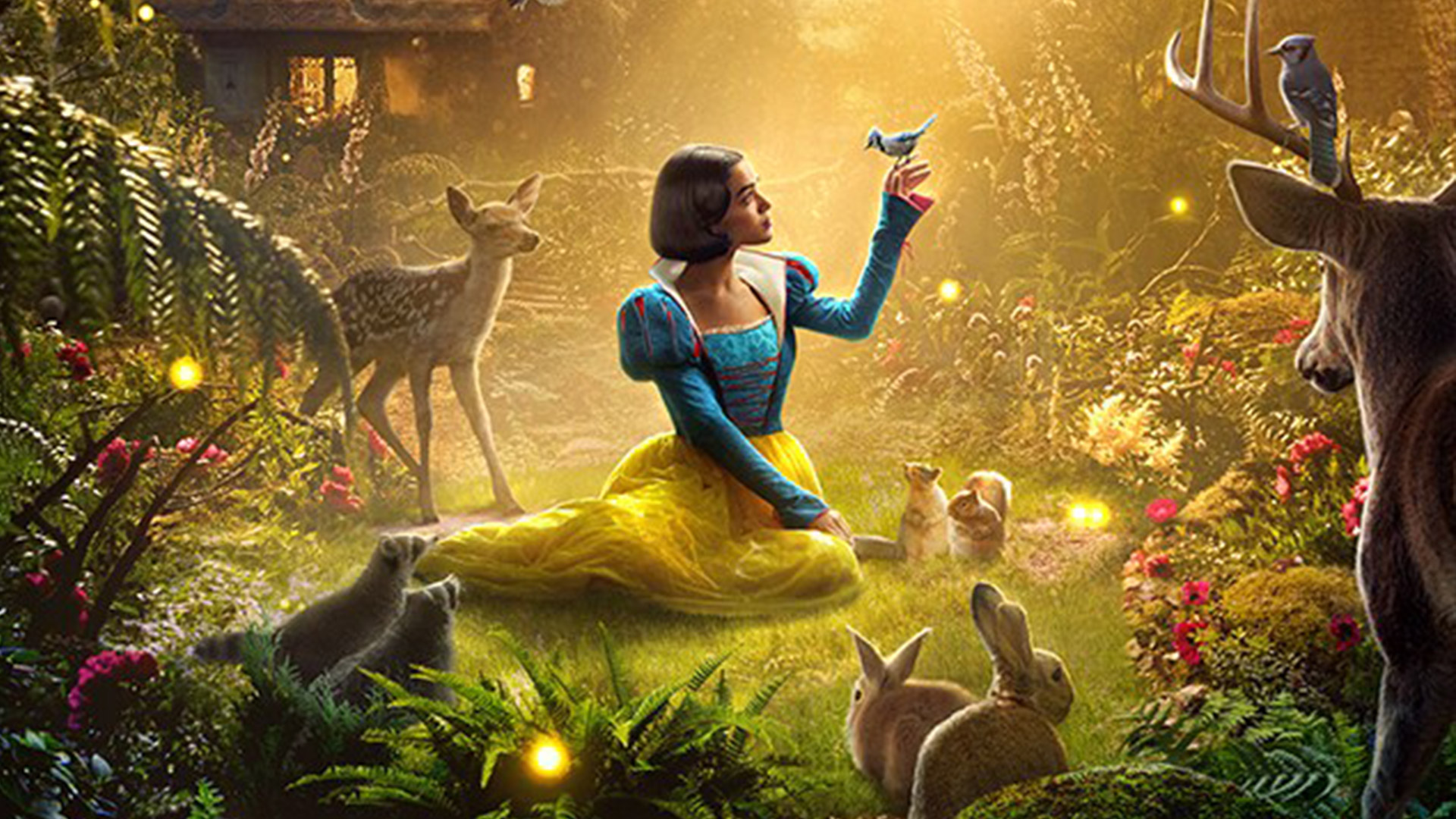 Rachel Zegler as Snow White in a garden with bambis and rabbits