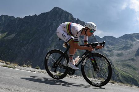 Tadej Pogačar descends a mountain during the Tour de France