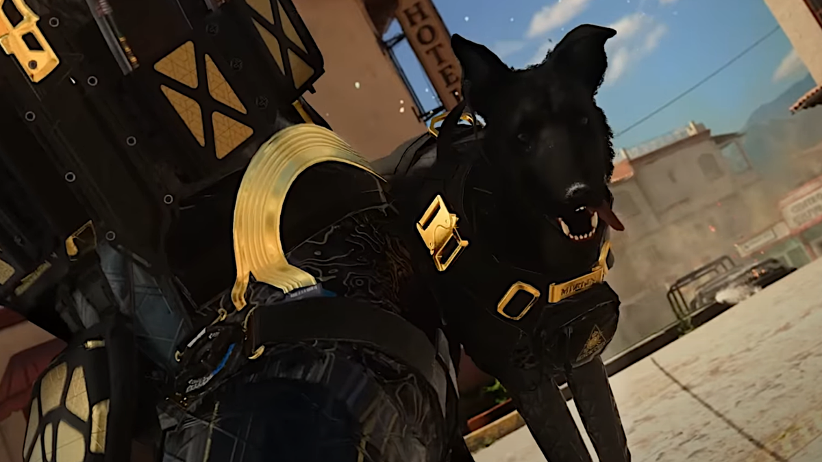 Merlin the indestructible dog from Call of Duty: Modern Warfare 2, hanging blissfully from his owner&#039;s dog belt.