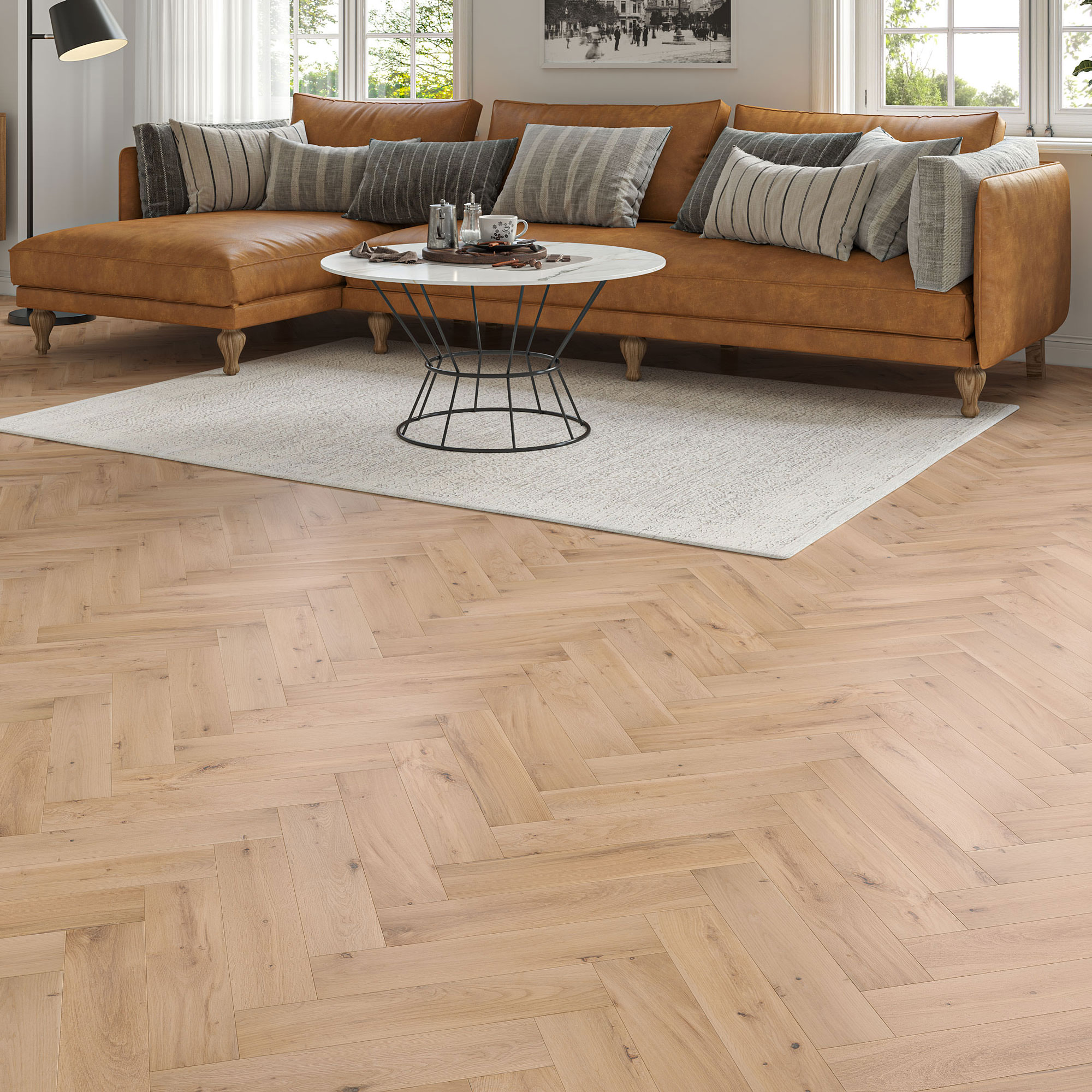 pale herringbone engineered wooden flooring