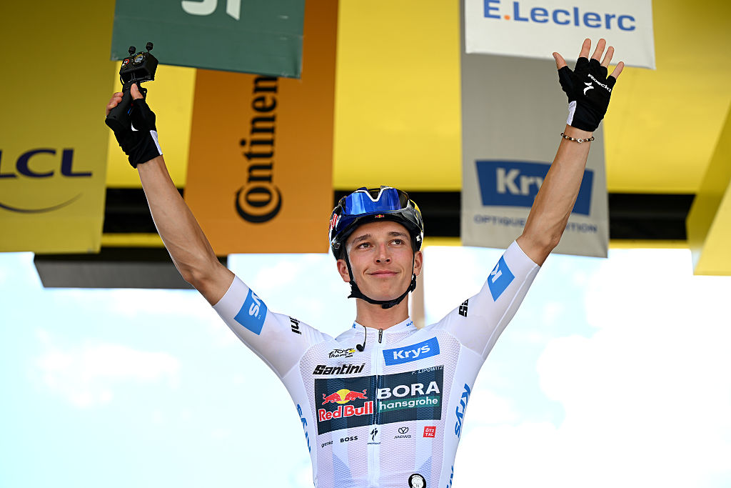 ALBERTVILLE, FRANCE - JULY 25: Florian Lipowitz of Germany and Team Red Bull - BORA - hansgrohe - White best Young Rider Jersey prior to the 112th Tour de France 2025, Stage 19 a 93.1km stage from Albertville to La Plagne 2062m / #UCIWT / Stage route modified over infected cattle / on July 25, 2025 in Albertville, France. (Photo by Dario Belingheri/Getty Images)