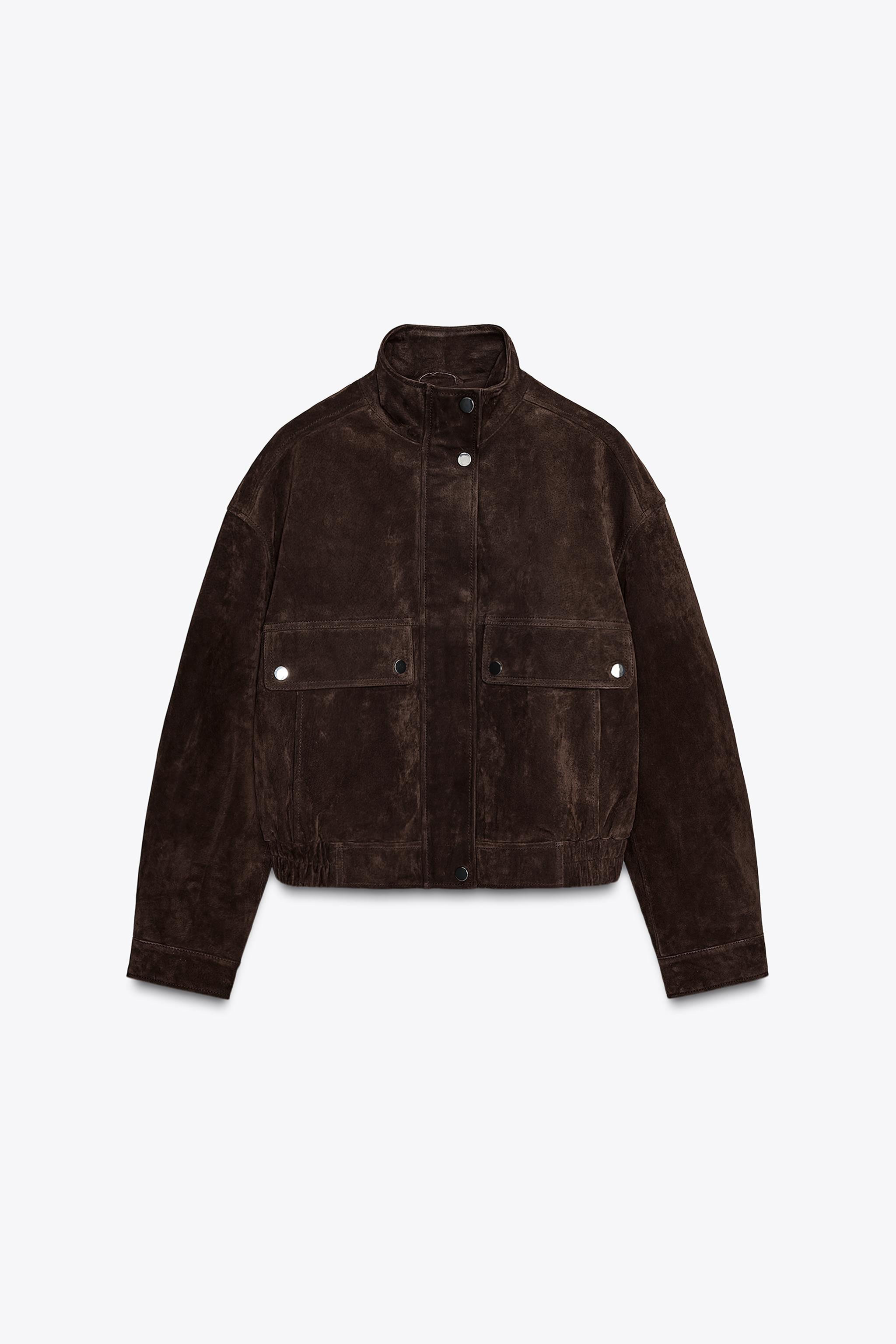 Suede Leather Bomber Jacket With Pockets