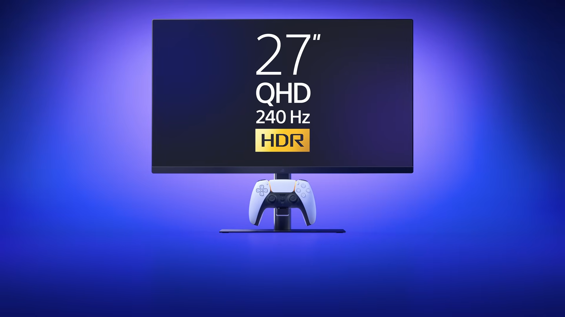 27-inch PlayStation Monitor with blue backdrop and words &quot;27&quot; QHD 240Hz HDR&quot; on screen.