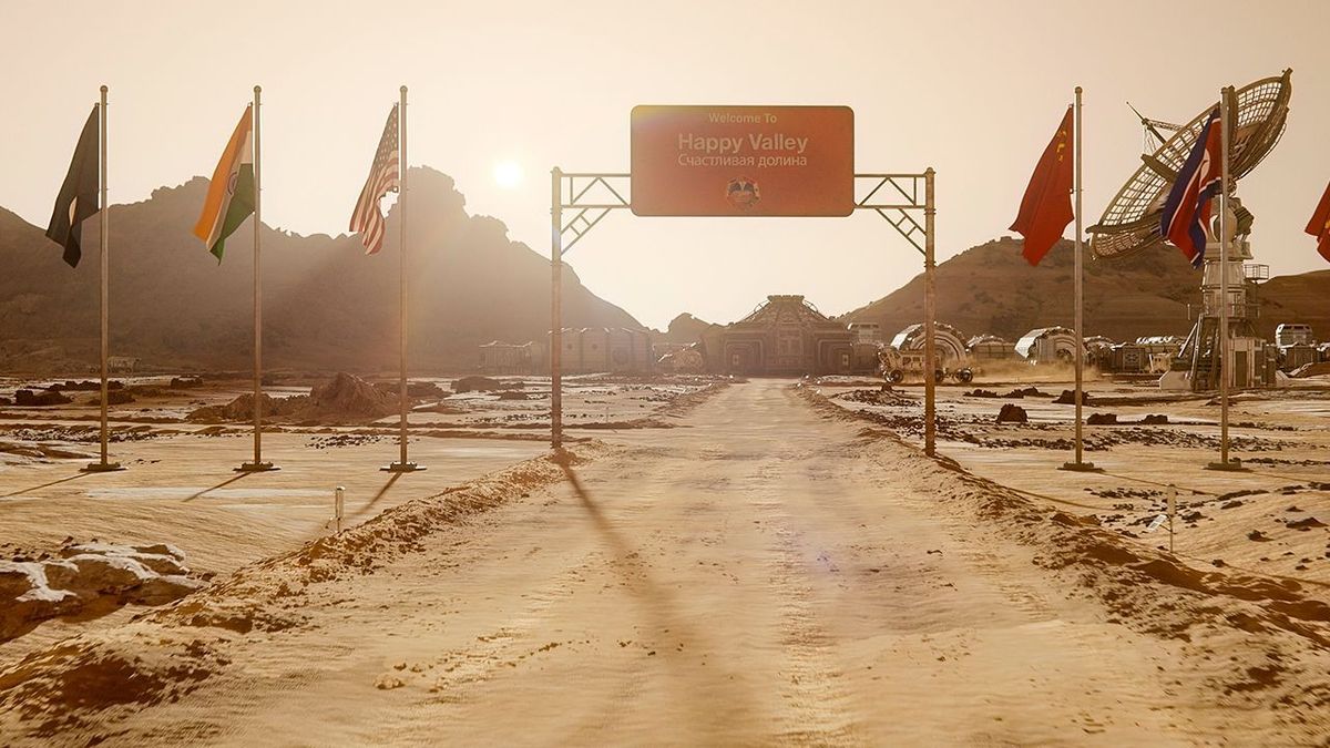 a base on the surface of Mars featuring several nations&#039; flags