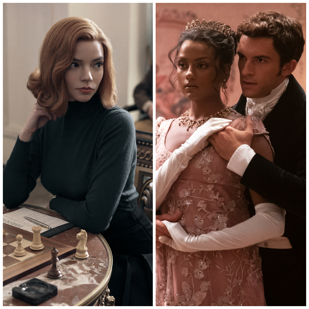 A split image of Anya Taylor-Joy in 'The Queen's Gambit,' and Simone Ashley and Jonathan Bailey in 'Bridgerton.'