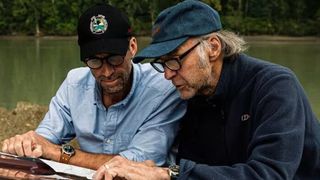 Joseph Fiennes (left) and his cousin Sir Ranulph Fiennes plan a way through the wilderness of British Colombia