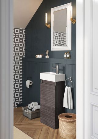 blue downstairs loo with mirror and open storage