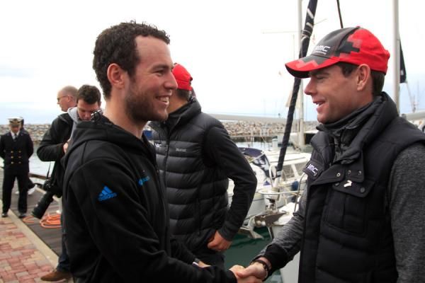 Current and former world champions; Mark Cavendish (Sky) and Cadel Evans (BMC) greet eachother in Tirreno.