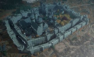 Aerial view of a Minecraft recreation of Winterfell from Game of Thrones