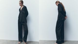 composite of model wearing black satin zara pajama set with white piping from the front and side
