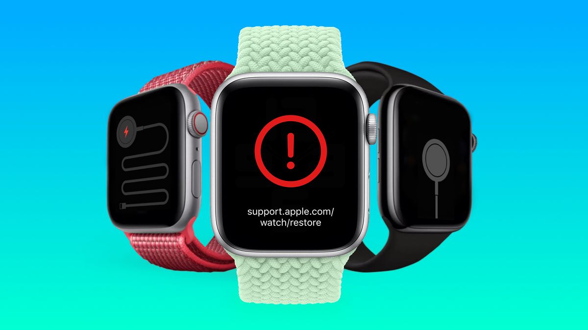 Apple Watch models showing various error screens.