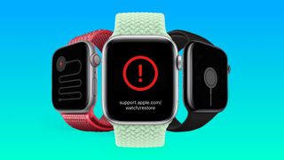 Apple Watch models showing various error screens.