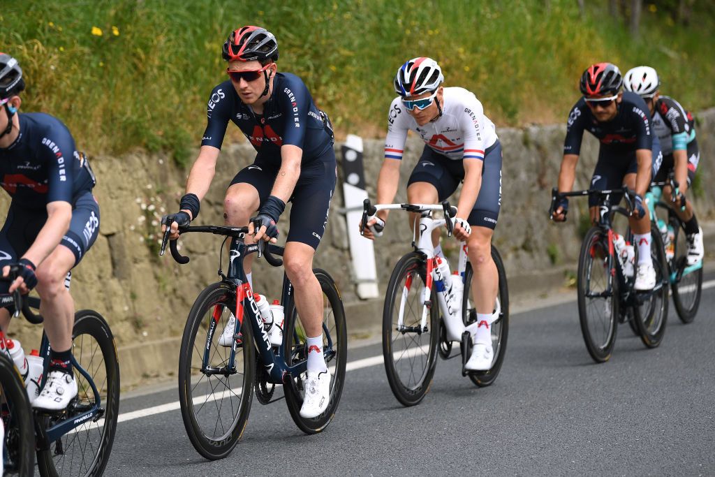 ONDARROA SPAIN APRIL 09 Tao Geoghegan Hart of United Kingdom Ben Swift of United Kingdom and Team INEOS Grenadiers during the 60th ItzuliaVuelta Ciclista Pais Vasco 2021 Stage 5 a 1602km stage from Hondarribia to Ondarroa itzulia ehitzulia on April 09 2021 in Ondarroa Spain Photo by David RamosGetty Images