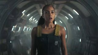 Gaal Dornick looking worried in a spaceship corridor in Foundation season 3