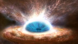 An illustration of a black hole blowing material away with powerful jets