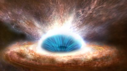 An illustration of a black hole blowing material away with powerful jets