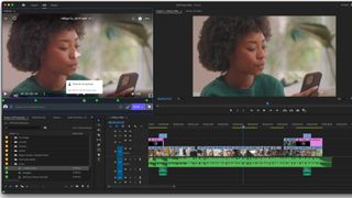 Video of woman checking her phone being edited in Premiere Pro interface