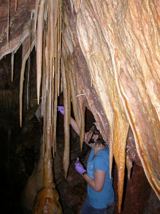 Antje Legatzki, a former research scientist in the University of Arizona's department of soil, water and environmental science, collects samples from inside the Kartchner Caverns cave system.